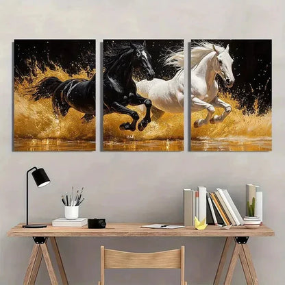 3pcs Black & White Horses with Golden Accents Wall Art Canvas Unframed - High Quality Print 100% Australian Made Wall Canvas - Bella Home Decor