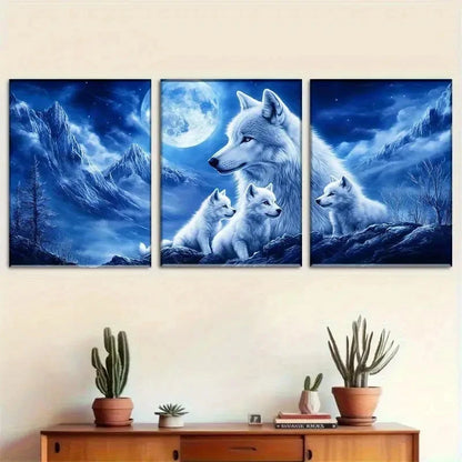 3pcs Moonlit Wolf Family MWF Wall Art Set Canvas Framed 60x90cm - High Quality Print 100% Australian Made Wall Canvas Ready to Hang