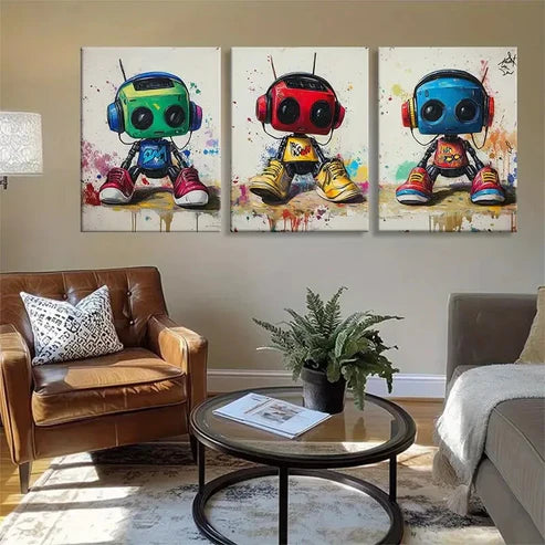 3pcs Playful Robot Figures Cheerful Car Perfect Wall Art Set Canvas Unframed - High Quality Print 100% Australian Made Wall Canvas