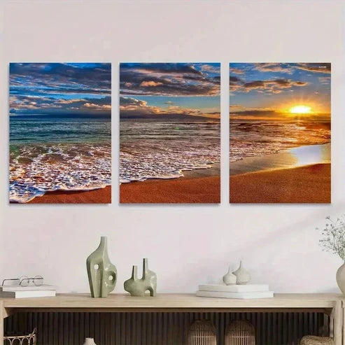 3pcs Beach Sunset Ocean with Sandy Shore Wall Art Set Canvas Unframed - High Quality Print 100% Australian Made Wall Canvas - Bella Home Decor