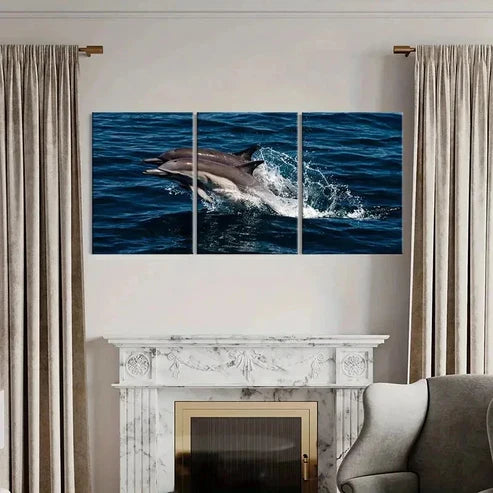 3pcs Dolphins Jumping Out Of The Sea Marine Life Wall Art Canvas Unframed - High Quality Print 100% Australian Made Wall Canvas - Bella Home Decor