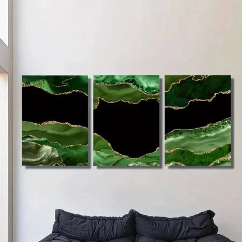 3pcs Dark Green Stone Texture with Golden Accent Wall Art Canvas Unframed - High Quality Print 100% Australian Made Wall Canvas - Bella Home Decor