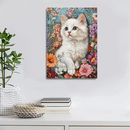 Vibrant Floral Design with Blue Eyed Cat Painting 40x60cm Metal Print Ready to Hang - Bella Home Decor
