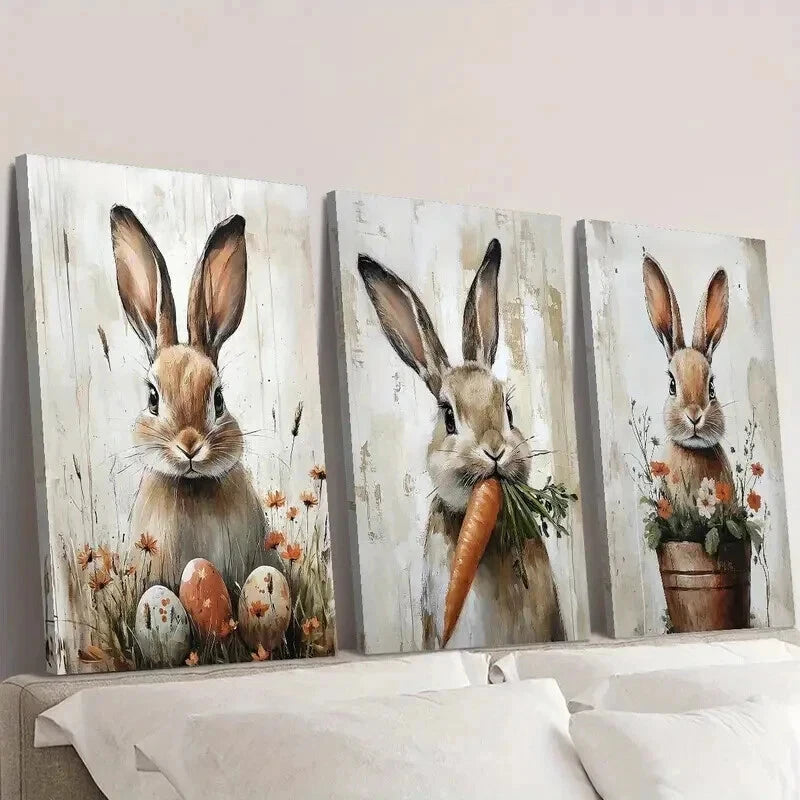 3pcs Rabbits with Eggs & Carrots Wall Art Set Canvas Framed 50x70cm - High Quality Print 100% Australian Made Wall Canvas Ready to Hang