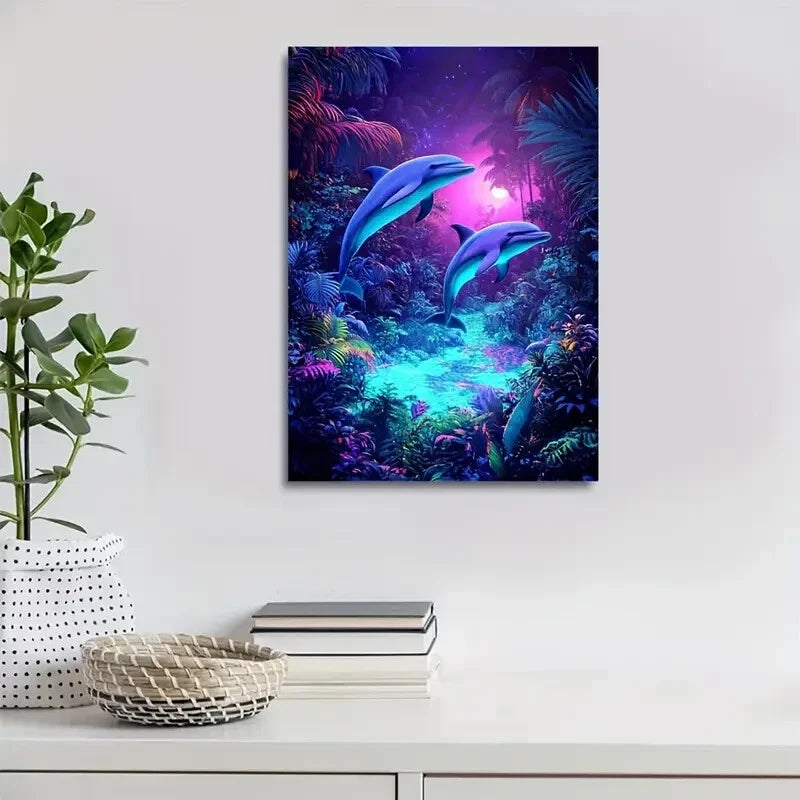 Vibrant Neon Dolphin Scene in Lush Jungle 40x60cm Metal Print Ready to Hang - Bella Home Decor