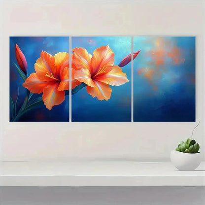 3pcs Vibrant Orange & Blue Floral Perfect Wall Art Set Canvas Framed 50x70cm - High Quality Print 100% Australian Made Wall Canvas Ready to Hang