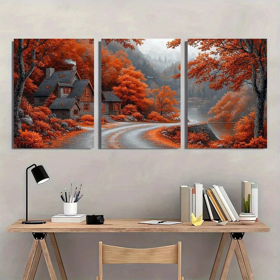 3pcs Autumn Scene with Houses Trees & Road Metal Print Ready to Hang Art