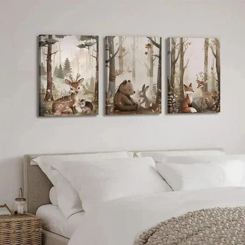 3pcs Cartoon Style Deer Bear & Squirrel Wall Art Canvas Unframed - High Quality Print 100% Australian Made Wall Canvas - Bella Home Decor