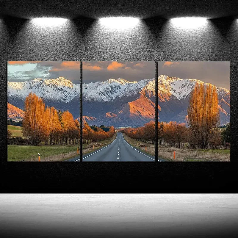 3pcs Sunset Glow Road Trio Mountains Metal Print Ready to Hang Art - Bella Home Decor