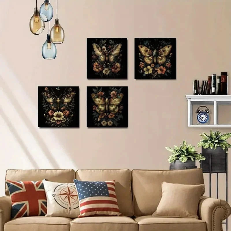 4pcs Butterflies & Flowers, Wall Art Canvas Framed