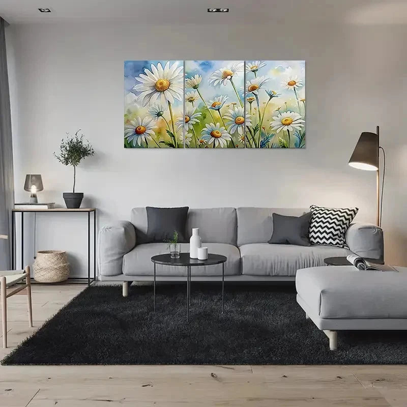3pcs Daisy White Flower and Green Leaves Metal Print Ready to Hang Art - Bella Home Decor