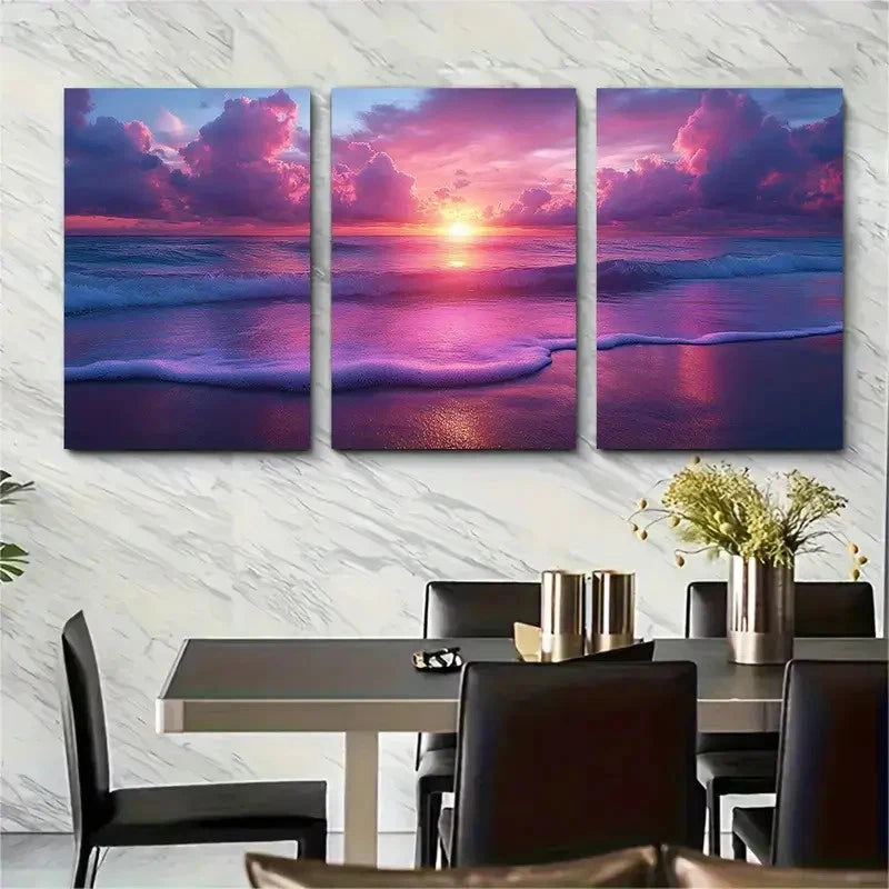 3pcs Beach Sunrise Cotton Candy Pink Perfect Wall Art Set Canvas Framed 60x90cm - High Quality Print 100% Australian Made Wall Canvas Ready to Hang - Bella Home Decor