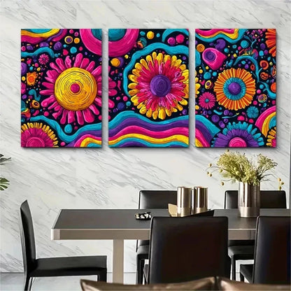 3pcs Vibrant Retro Colorful Floral Perfect Wall Art Set Canvas Framed 50x70cm - High Quality Print 100% Australian Made Wall Canvas Ready to Hang