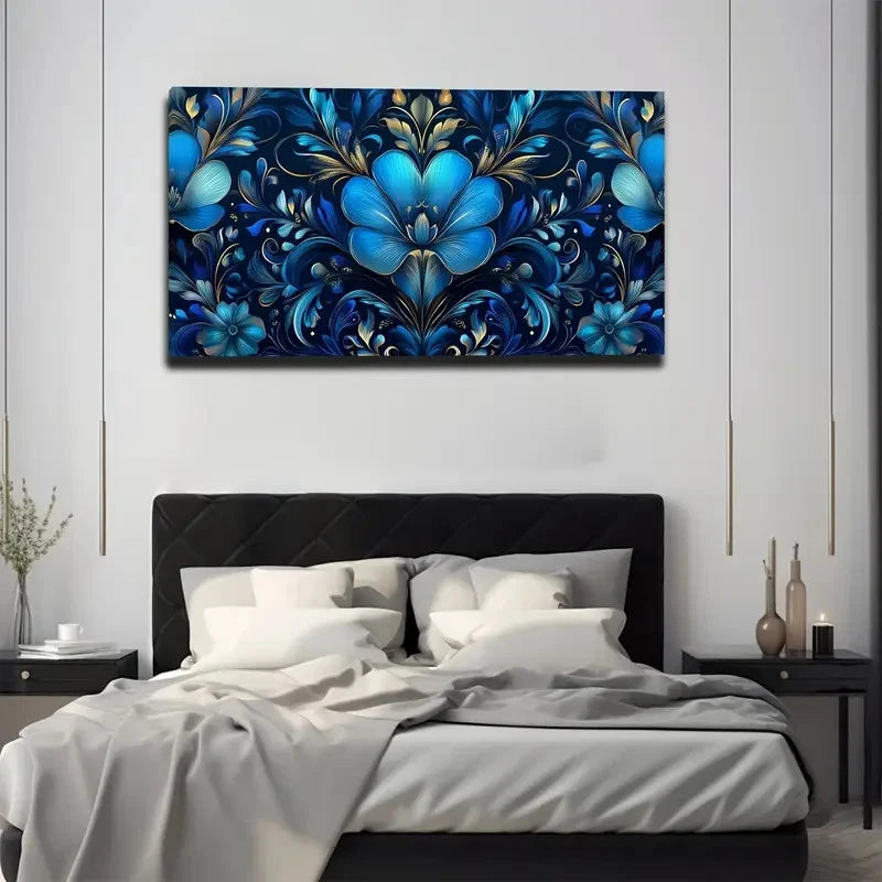 Decorative blue floral painting above a bed in a bedroom setting.