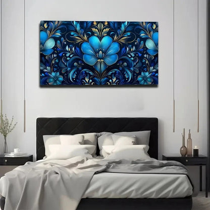 Decorative blue floral painting above a bed in a bedroom setting.