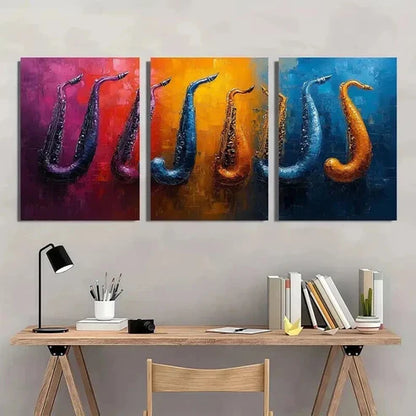 3pcs Vibrant Saxophone In Purple Orange & Blue Wall Art Canvas Unframed - High Quality Print 100% Australian Made Wall Canvas