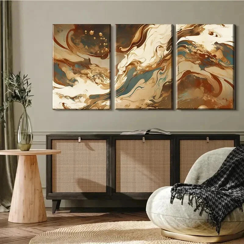 3pcs Earthy Tones Brown Abstract Fluid Perfect Wall Art Set Canvas Framed 50x70cm - High Quality Print 100% Australian Made Wall Canvas Ready to Hang - Bella Home Decor