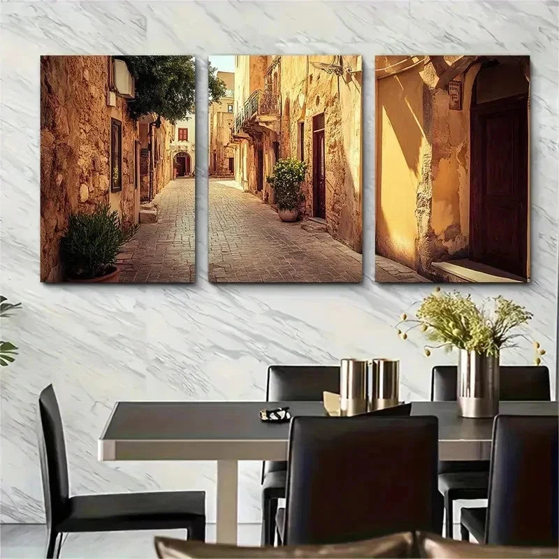 3pcs Chania Vintage Travel Prints Old To Perfect Wall Art Set Canvas Framed 50x70cm - High Quality Print 100% Australian Made Wall Canvas Ready to Hang - Bella Home Decor