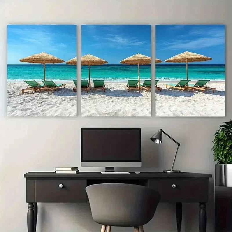3pcs Green Mint Beach Parasols Perfect Wall Art Set Canvas Framed 50x70cm - High Quality Print 100% Australian Made Wall Canvas Ready to Hang