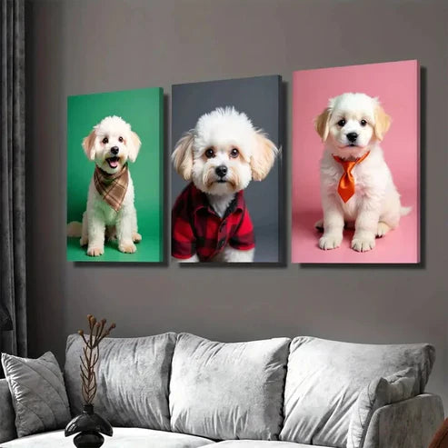 3pcs Chic & Stylish Dog Green, Gray, Pink Art Set Canvas Unframed - High Quality Print 100% Australian Made Wall Canvas - Bella Home Decor
