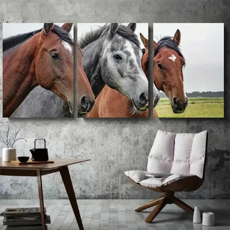 3pcs Close Up of Brown and Grey Horses Beautiful Metal Print Ready to Hang Art - Bella Home Decor