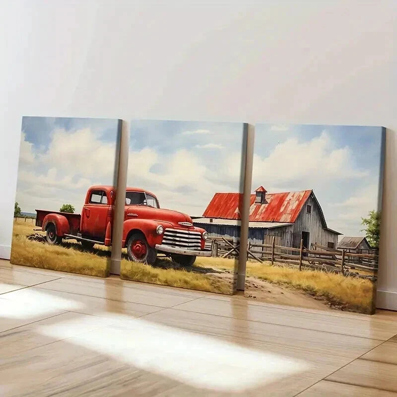 3pcs Retro Country Pickup Truck & Farm Wall Art Set Canvas Framed 50x70cm - High Quality Print 100% Australian Made Wall Canvas Ready to Hang - Bella Home Decor