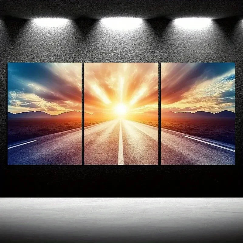 3pcs The Road Under Sunset Glow Metal Print Ready to Hang Art - Bella Home Decor