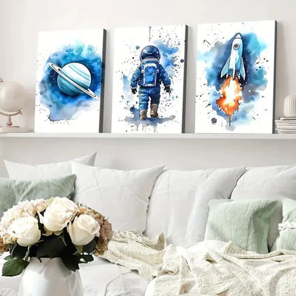 3pcs Modern Cosmic Art Space Rocket Blue & Fire Wall Art Set Canvas Unframed - High Quality Print 100% Australian Made Wall Canvas