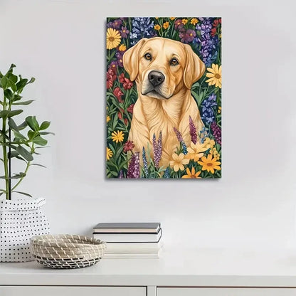 Vibrant Labrador Retriever Dog with Flowers & Plants 40x60cm Metal Print Ready to Hang - Bella Home Decor
