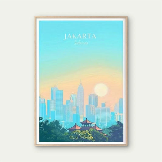 Jakarta Indonesia Vibrant Cityscape with Sunset Travel Poster Print Wall Art