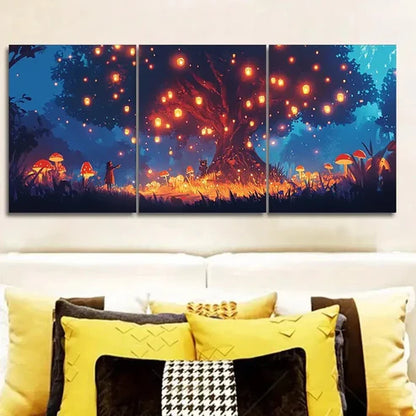 3pcs Lanterns on the Tree Colorful Sky Perfect Wall Art Set Canvas Unframed - High Quality Print 100% Australian Made Wall Canvas