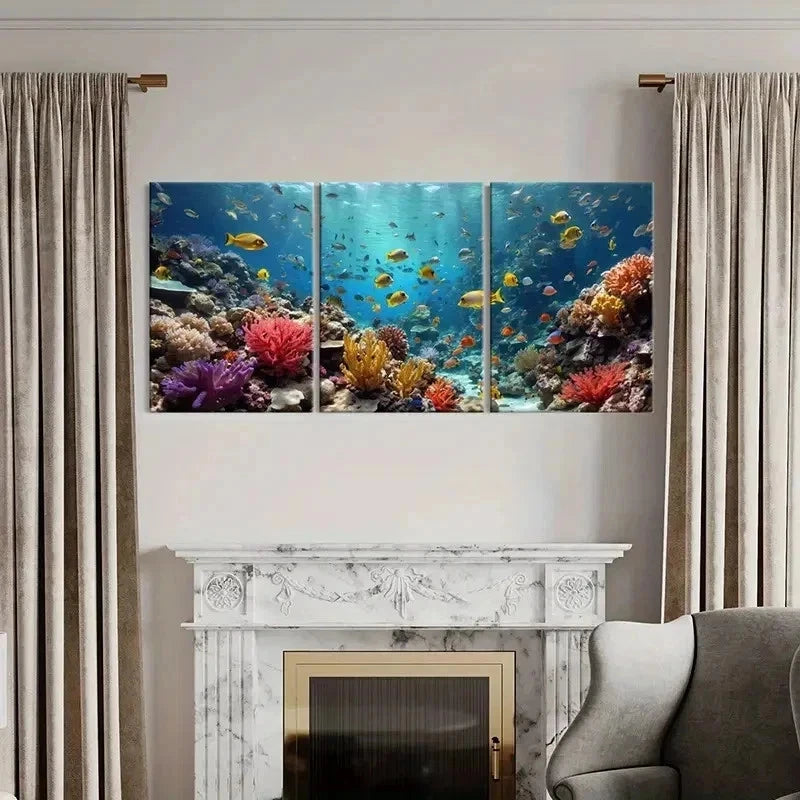 3pcs Marine Life Coral Reef Schools Of Fish Wall Art Set Canvas Framed 50x70cm - High Quality Print 100% Australian Made Wall Canvas Ready to Hang