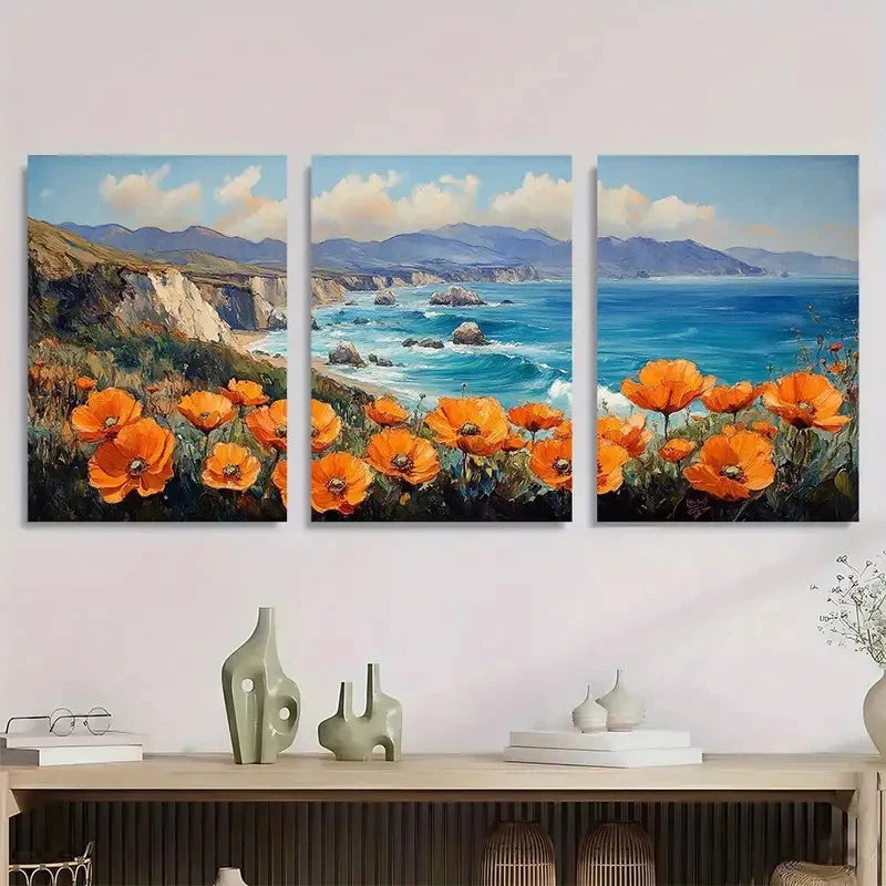3pcs California Poppy & Big Sur Coast Perfect Wall Art Set Canvas Framed 60x90cm - High Quality Print 100% Australian Made Wall Canvas Ready to Hang - Bella Home Decor