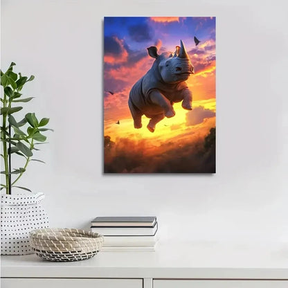 Cartoon Rhino Jumping Joyfully at Sunset Painting 40x60cm Metal Print Ready to Hang - Bella Home Decor