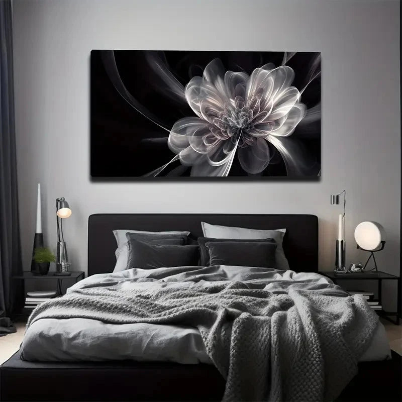 Abstract flower painting on a wall above a bed in a bedroom setting