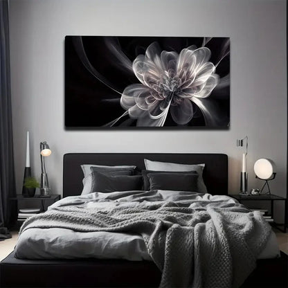 Abstract flower painting on a wall above a bed in a bedroom setting
