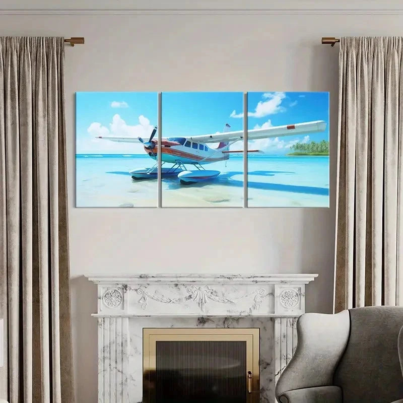 3pcs Australian Tropical Seaplane Beach Landing Wall Art Set Canvas Framed 50x70cm - High Quality Print 100% Australian Made Wall Canvas Ready to Hang - Bella Home Decor