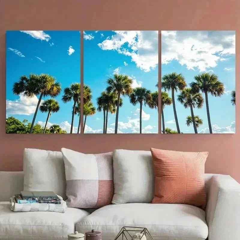 3pcs Vibrant Palm Tree & Blue Sky Prints Perfect Wall Art Set Canvas Framed 60x90cm - High Quality Print 100% Australian Made Wall Canvas Ready to Hang