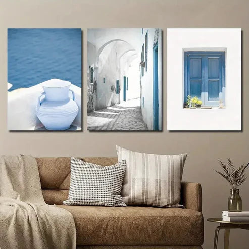 3pcs Santorini Island & Mykonos Lands Wall Art Canvas Unframed - High Quality Print 100% Australian Made Wall Canvas