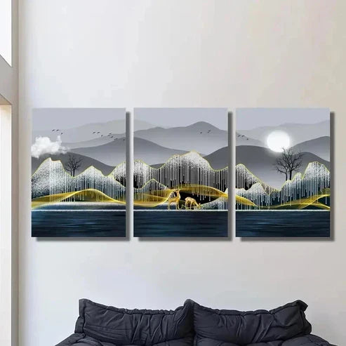 3pcs Elk Trees Mountains River Full Moon Wall Art Set Canvas Unframed - High Quality Print 100% Australian Made Wall Canvas