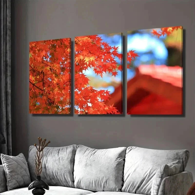 3pcs Autumn Red Maple Leaves Triptych Wall Art Set Canvas Framed 50x70cm - High Quality Print 100% Australian Made Wall Canvas Ready to Hang