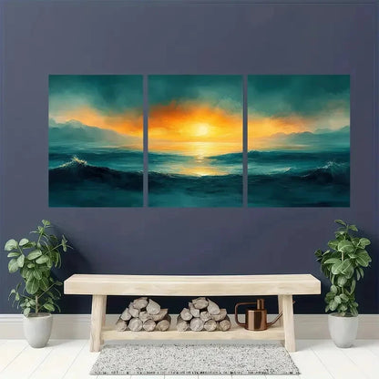 3pcs Sunset Ocean Abstract Landscape Metal Print Ready to Hang Art - Bella Home Decor