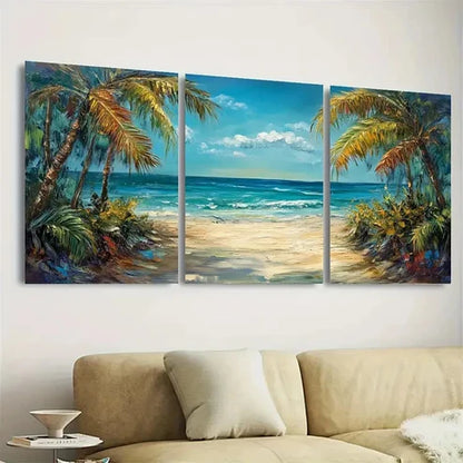 3pcs Palm Trees & Ocean  Wall Art Set Canvas Unframed - High Quality Print 100% Australian Made Wall Canvas