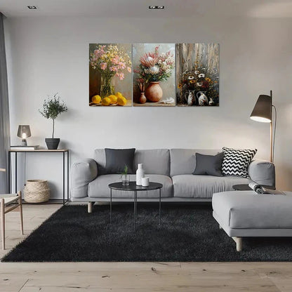 3pcs Rustic Vase with Flowers Metal Print Ready to Hang Art