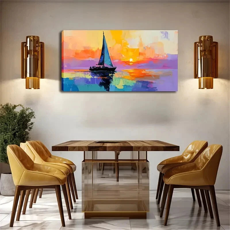 Sailing Boat Sunset Scene Wall Art Canvas Office Home Room Framed 120x60cm - Bella Home Decor