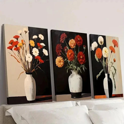 3pcs Colorful Flowers in Black & White Vases Wall Art Set Canvas Unframed - High Quality Print 100% Australian Made Wall Canvas - Bella Home Decor