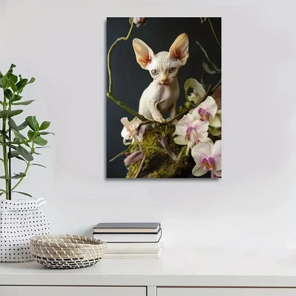 Cute Sphynx Kitten with Pink Orchids Painting 40x60cm Metal Print Ready to Hang - Bella Home Decor