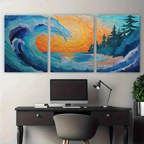 3pcs Blue Ocean Wave Sunrise Vertical Wall Art Canvas Unframed - High Quality Print 100% Australian Made Wall Canvas - Bella Home Decor