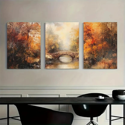 3pcs Autumn Bridge Vibrant Fall Foliage Scenery Metal Print Ready to Hang Art