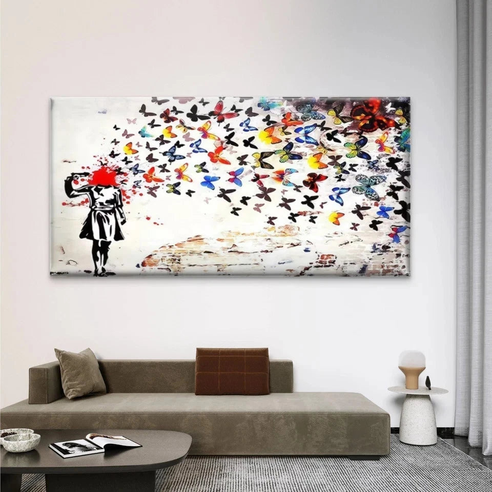 Girl with Butterflies Street Art Canvas Office Home Room Framed 120x60cm